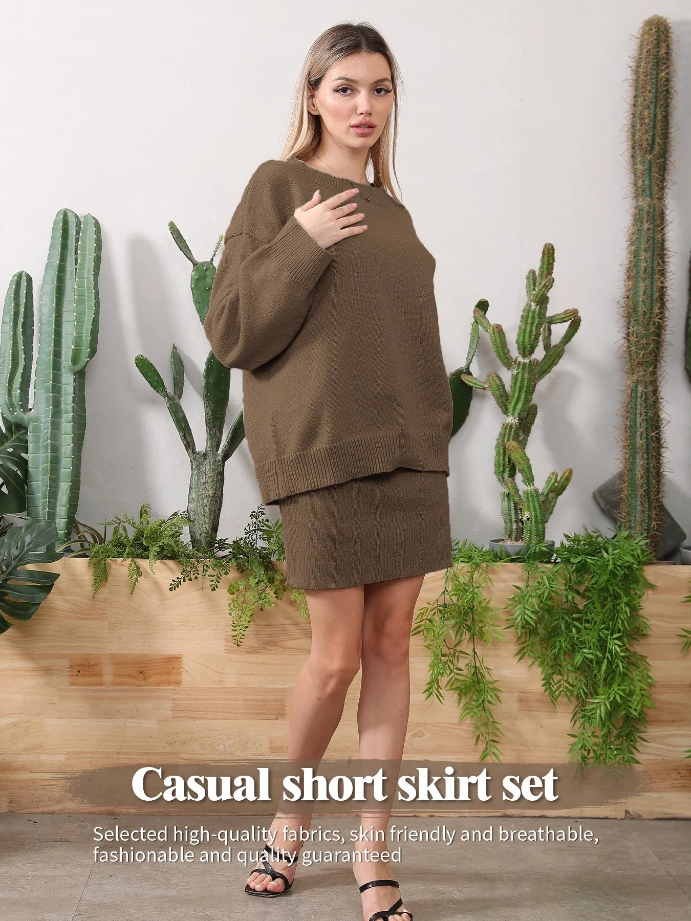 Women's home clothing set in brown camel, soil gray, and light grey - comfortable loungewear for relaxation