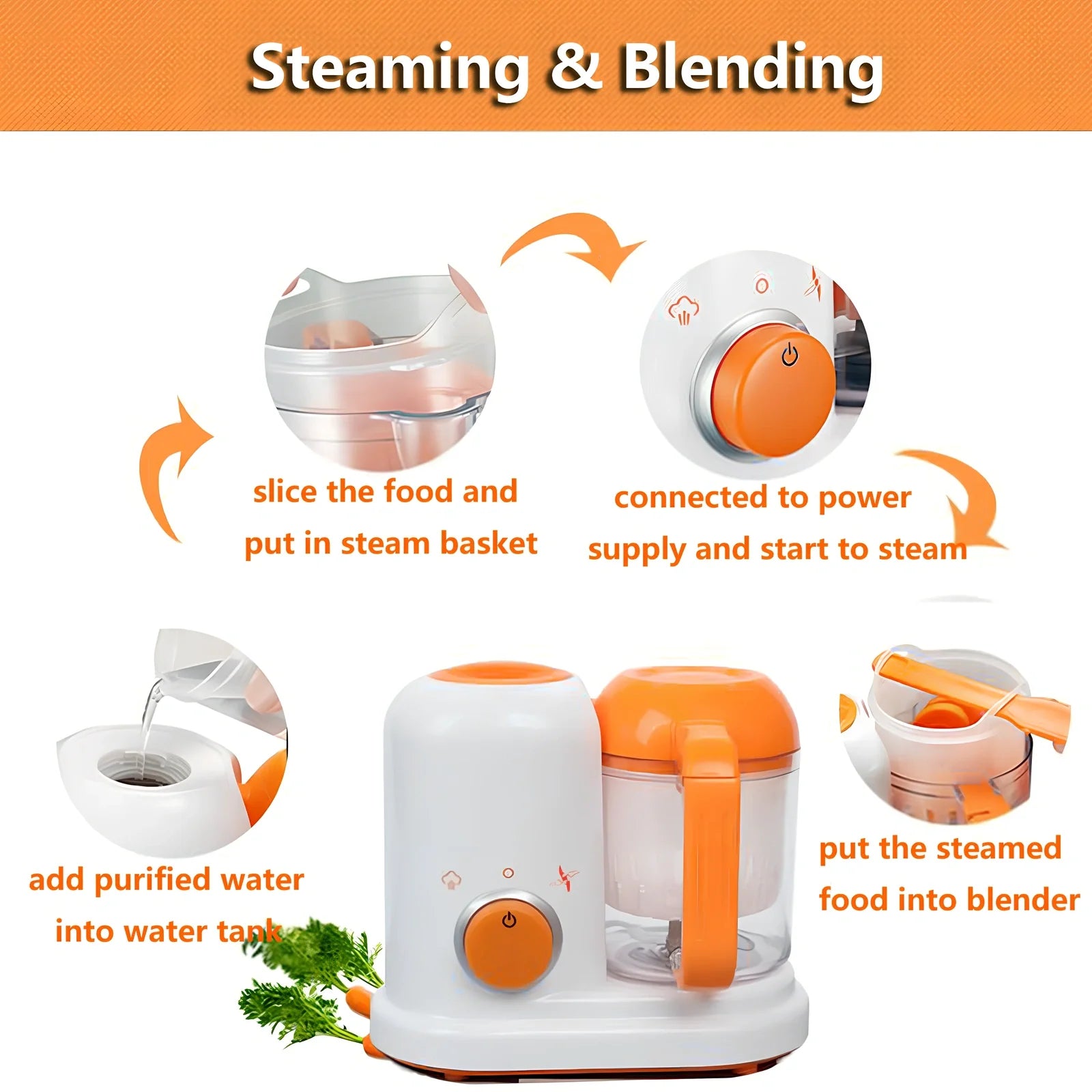Smart baby food processor with steam cooking function and 190ml capacity in light green colour