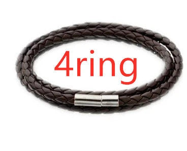 Personalized braided leather bracelet with engraved charm for men, available in black, brown, and navy colors