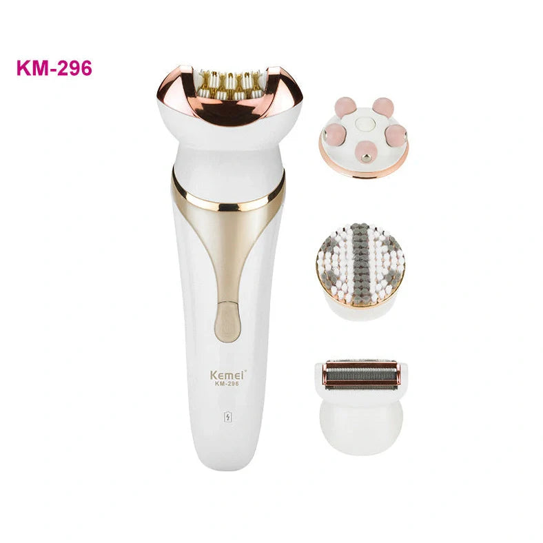 Black 4-in-1 rechargeable electric shaver epilator with four interchangeable heads for hair removal and facial care