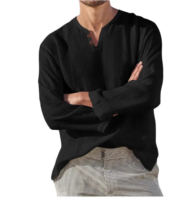 Cotton blend men's long sleeve V-neck casual beach shirt in blue with British style