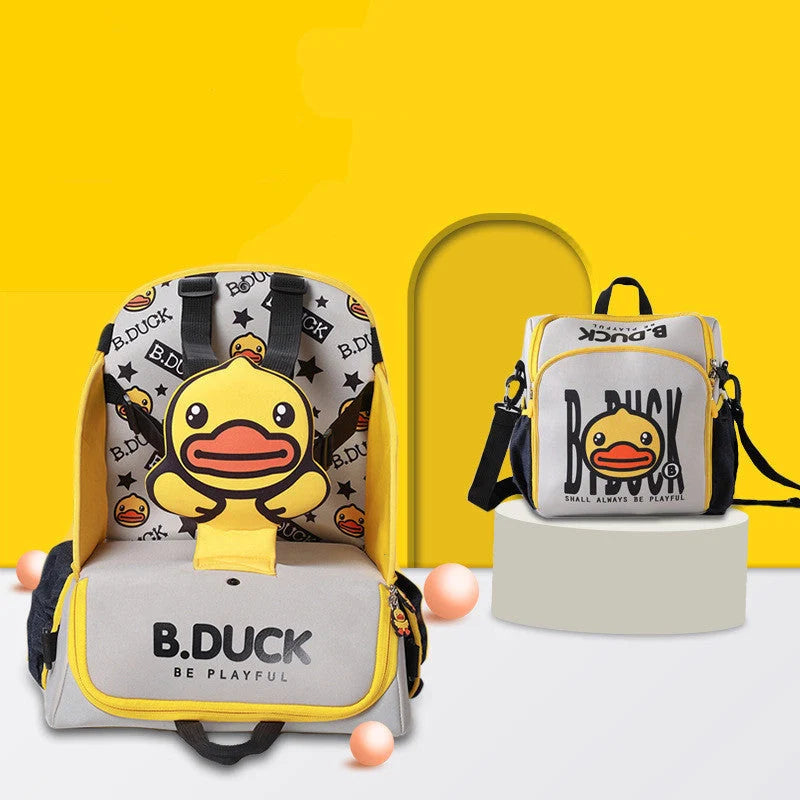 Multifunctional baby bag with portable child dining chair in yellow, animal print design