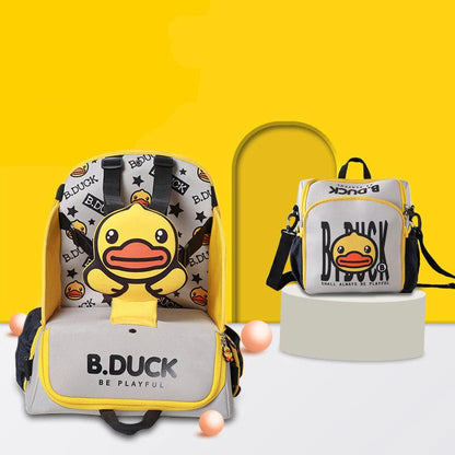 Multifunctional baby bag with portable child dining chair in yellow, animal print design