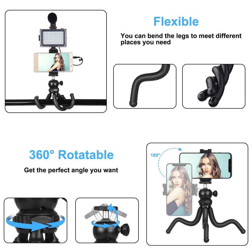 Black octopus-style flexible tripod kit with attached fill light and microphone for live broadcasting.