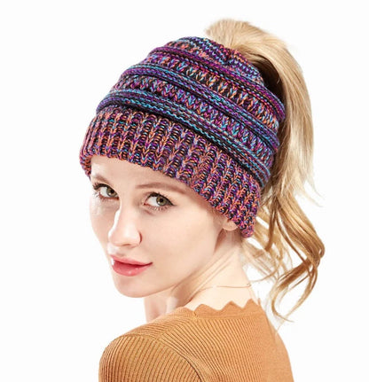 Mixed colour knitted wool hat for ladies with ponytail opening, available in various colours
