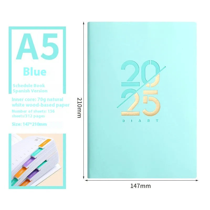 A5 2025 daily planner with soft faux leather cover in blue, green, pink, purple, or yellow.