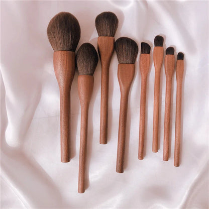 Wood Handle Makeup Brush Set with Natural Goat Hair Bristles and Walnut Wood Handles