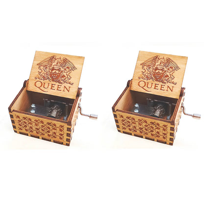 Antique boxwood music box with hand crank and yin carved Spirited Away landscape flowers, 10 cm tall wooden decoration