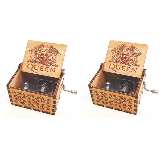 Antique boxwood music box with hand crank and yin carved Spirited Away landscape flowers, 10 cm tall wooden decoration