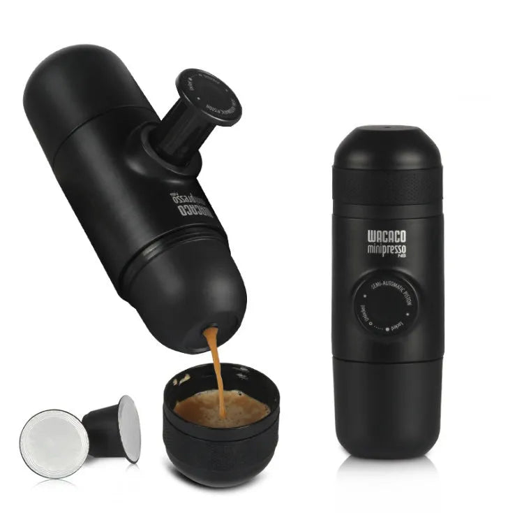 Black portable manual espresso maker showing compact 17.5cm height and 6cm diameter.