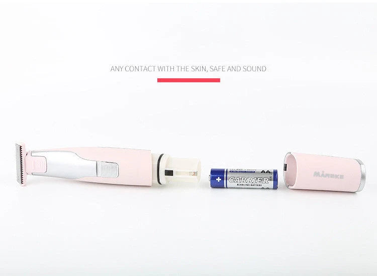 Portable hair shaver in pink and green with detachable comb for precise styling