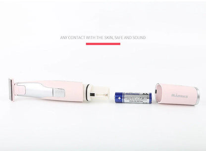 Portable hair shaver in pink and green with detachable comb for precise styling