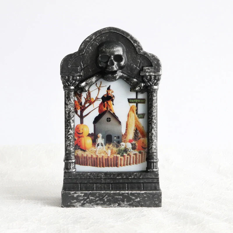 Halloween Tombstone Lamp with flickering LED skull candle for spooky decor