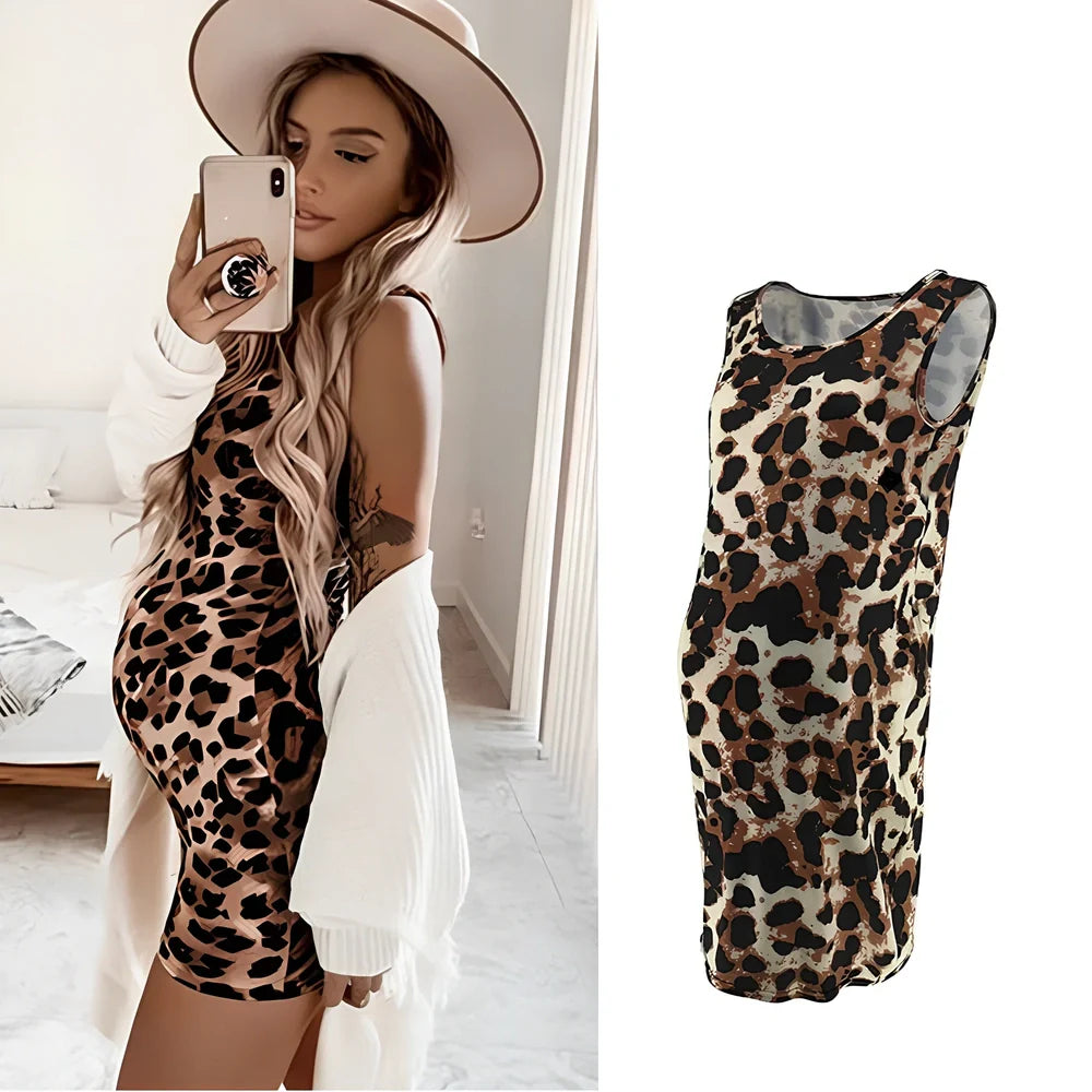 Sleeveless leopard print maternity dress in navy blue, loose waist MIDI length for pregnant women, polyester fabric with V-neck