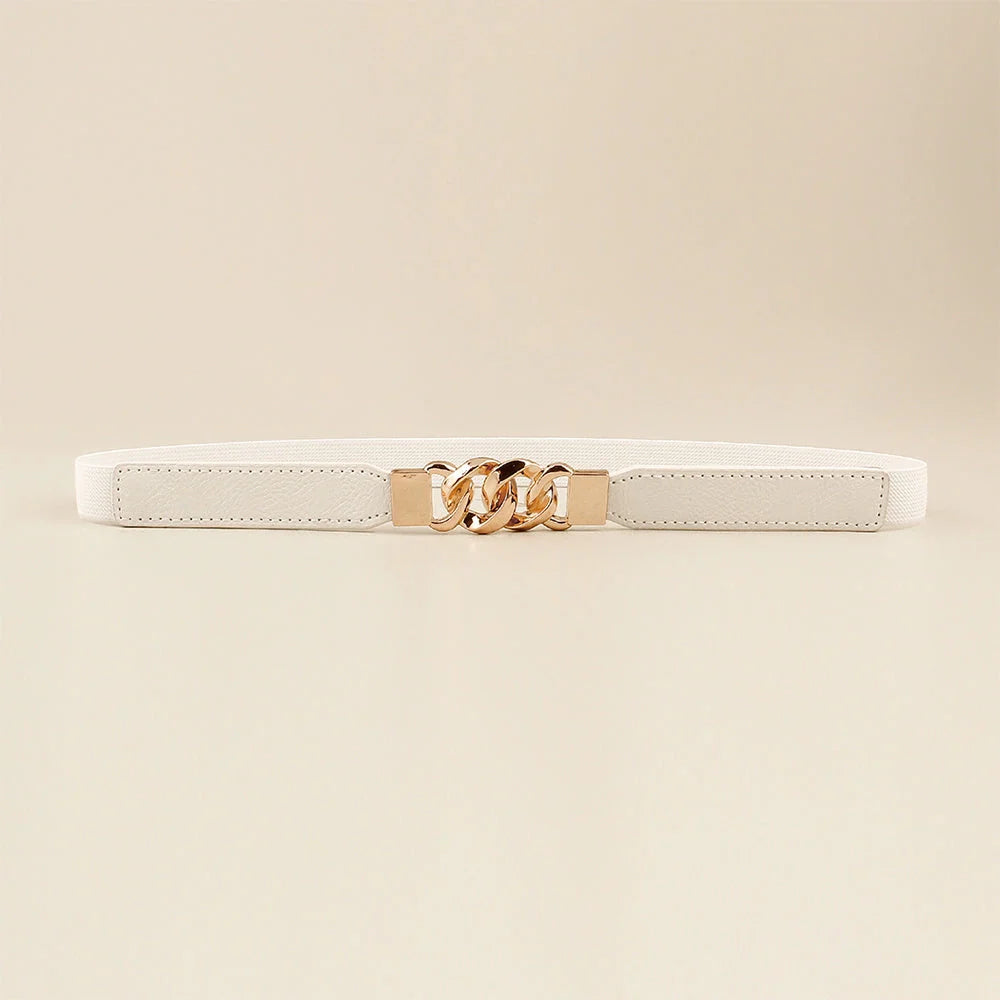 Women's fine leather waistband belt with multi-ring buckle in black, brown, and white