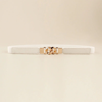 Women's fine leather waistband belt with multi-ring buckle in black, brown, and white