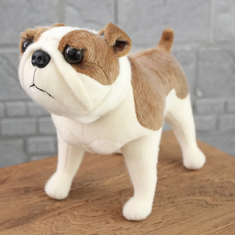 Dressing artificial dog plush toy with mink fur, Bulldog breed, medium size 40-45cm, on white background