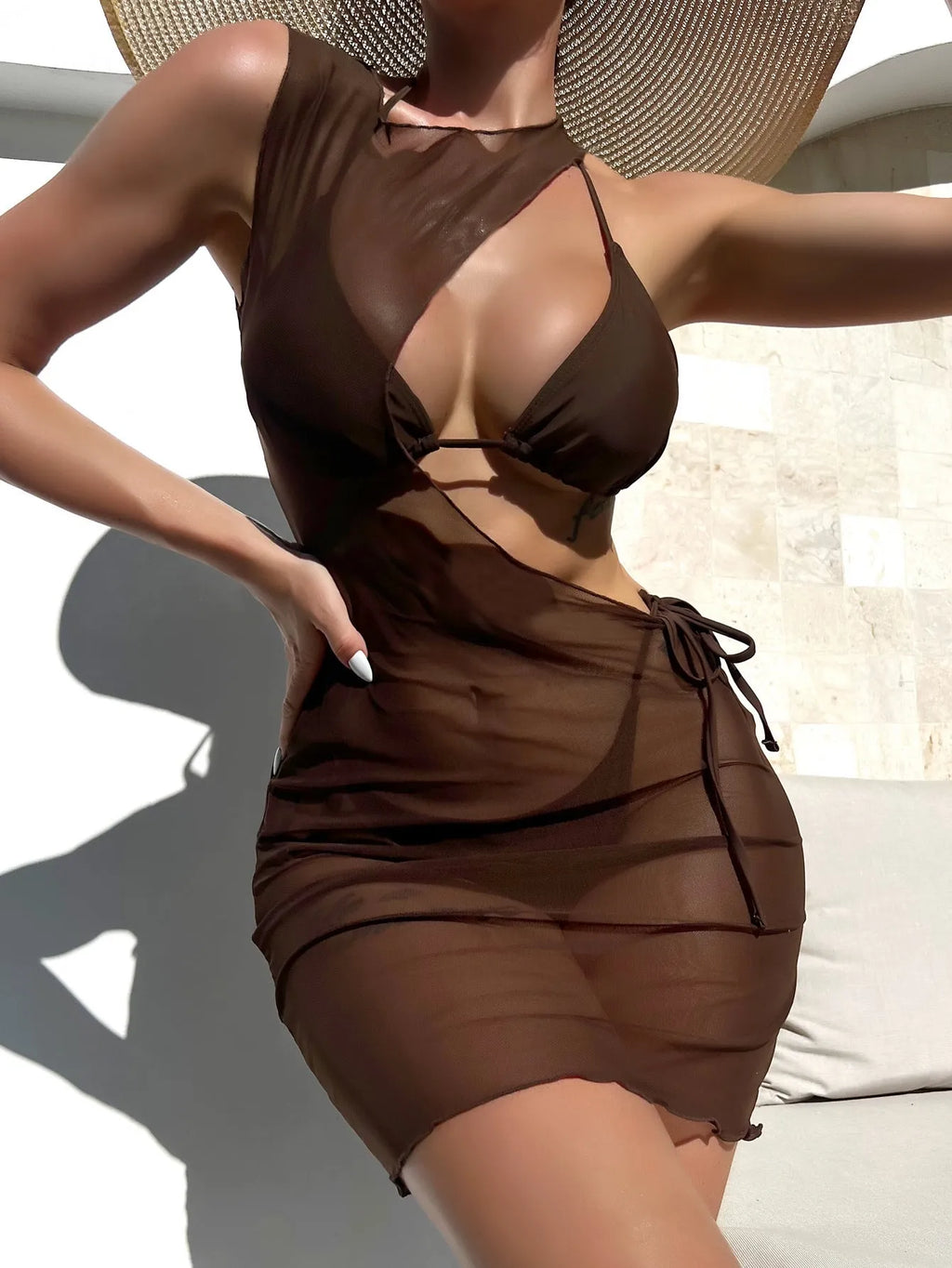 Brown three-piece women's bikini set with split shorts and matching blouse