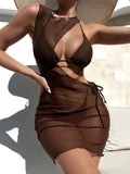Brown three-piece women's bikini set with split shorts and matching blouse