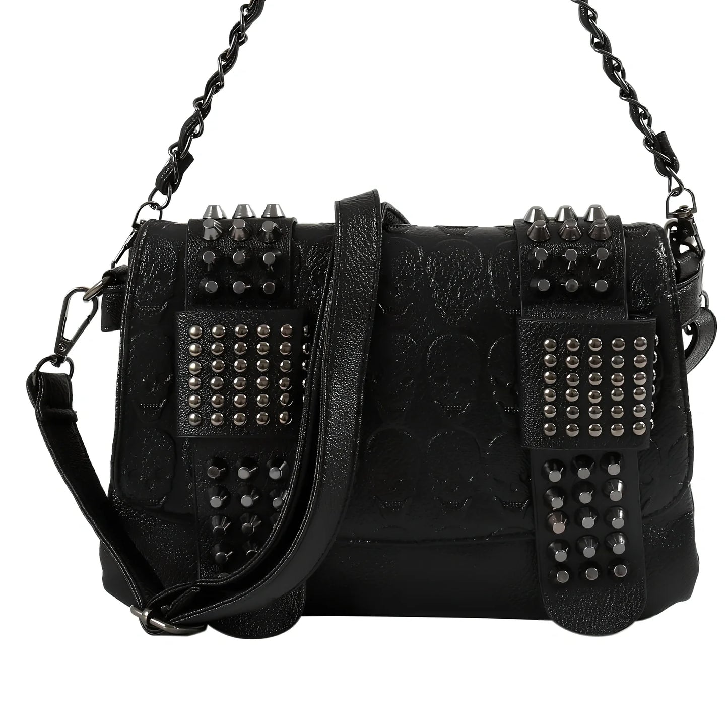 Black Shantou women's messenger bag with rivets, chain handle, and square shape for secure cross-body carry