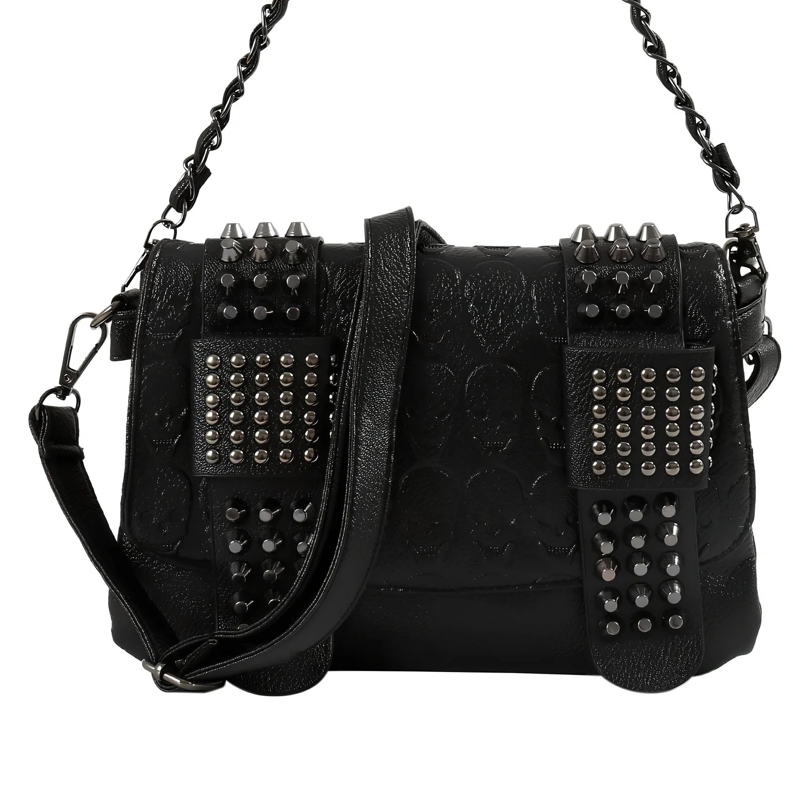 Black Shantou women's messenger bag with rivets, chain handle, and square shape for secure cross-body carry
