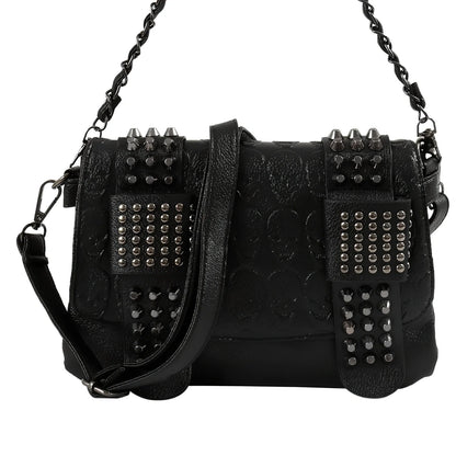 Black Shantou women's messenger bag with rivets, chain handle, and square shape for secure cross-body carry