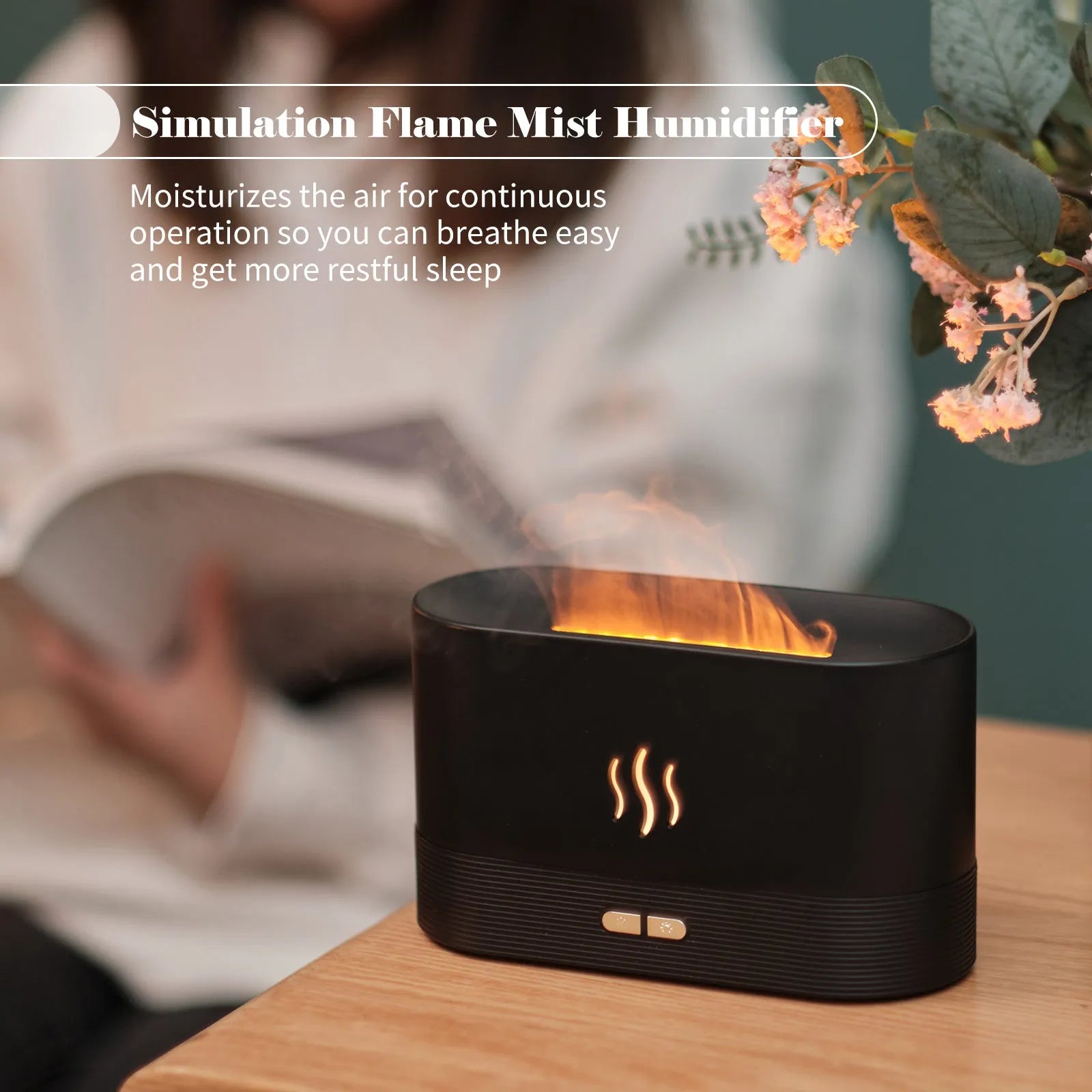 Black or white square ultrasonic aroma diffuser with flame light effect and water tank
