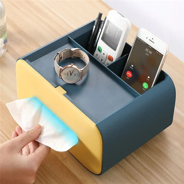 Stylish Tissue Box with Hidden Storage - a multifunctional desktop organizer with tissue dispenser and hidden compartment for small items