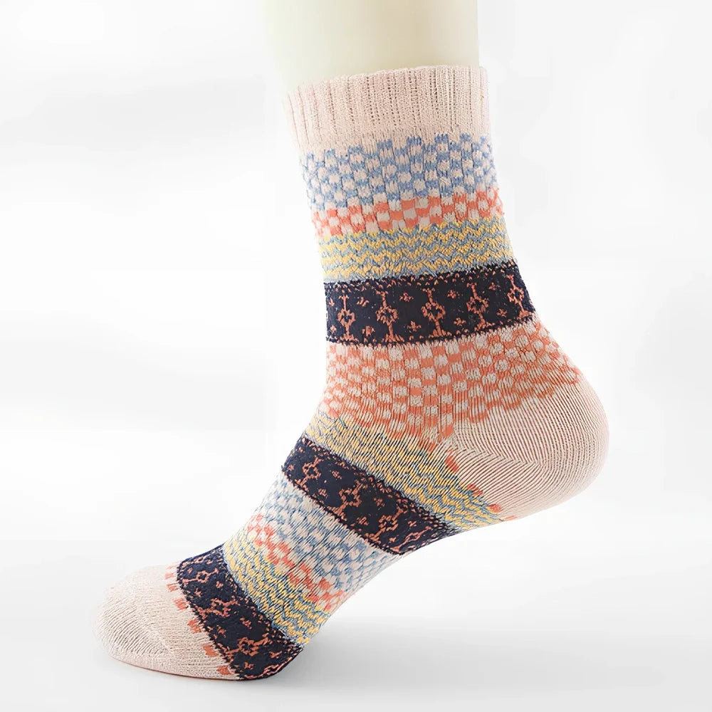 Pack of 5 thick stripe wool blend socks in various colours, featuring 15% rabbit hair for winter warmth, fitting sizes 39-42