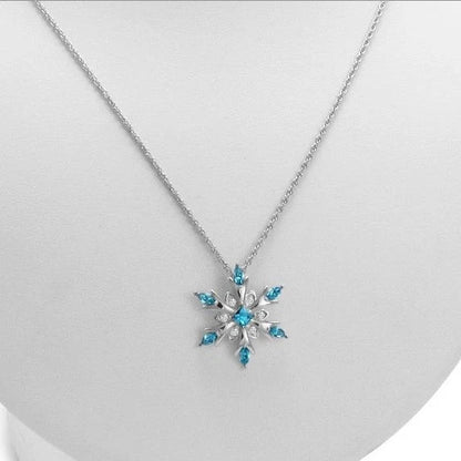 Zircon Christmas Snowflake Necklace with bamboo chain in blue and white