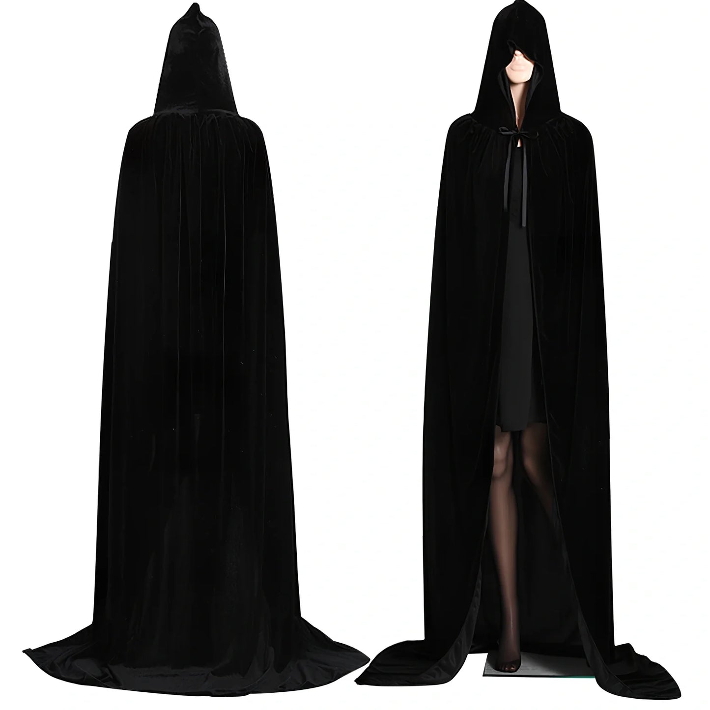Golden velvet Halloween cloak in purple, 130 cm length with 48 cm hood and neck tie for wizard cosplay