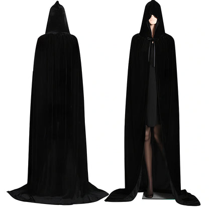 Golden velvet Halloween cloak in purple, 130 cm length with 48 cm hood and neck tie for wizard cosplay