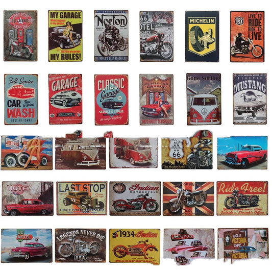 Retro tin painting metal crafts with car and motorcycle patterns in vibrant colours