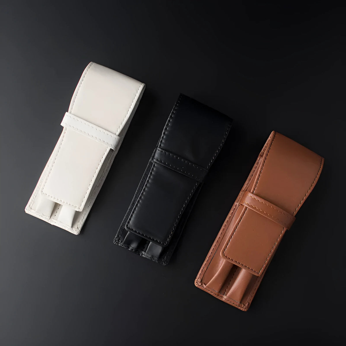PU double-sided storage bag pen holder in square shape, showing two compartments, available in Black Coffee White colours