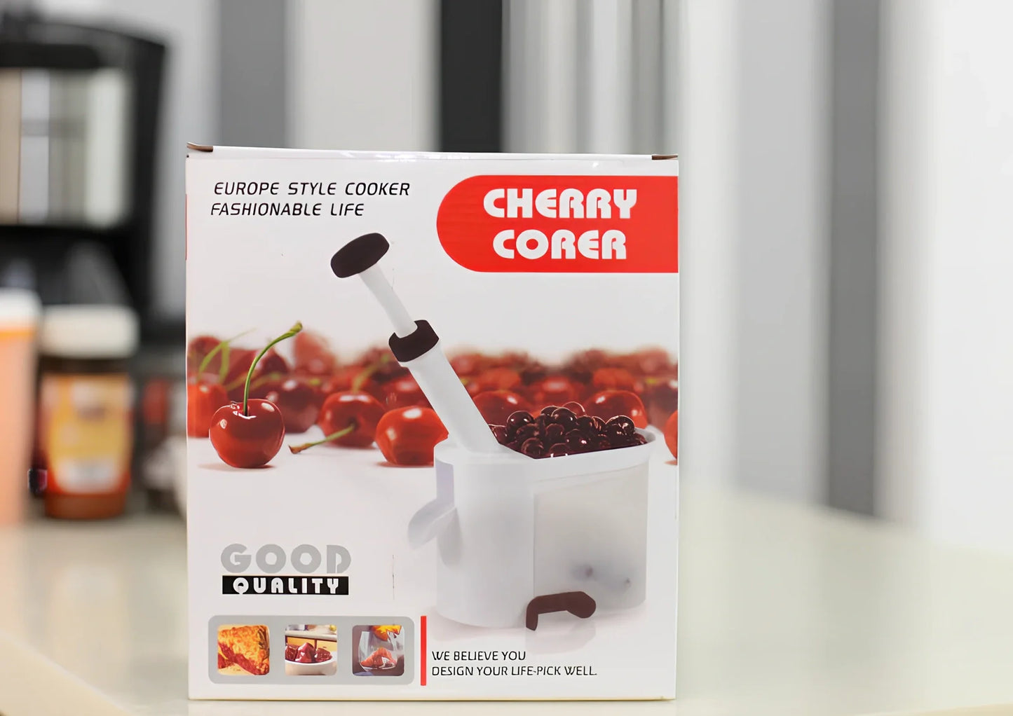 White cherry nucleator fruit cutter with stainless steel blades and plunger mechanism for cutting grapes