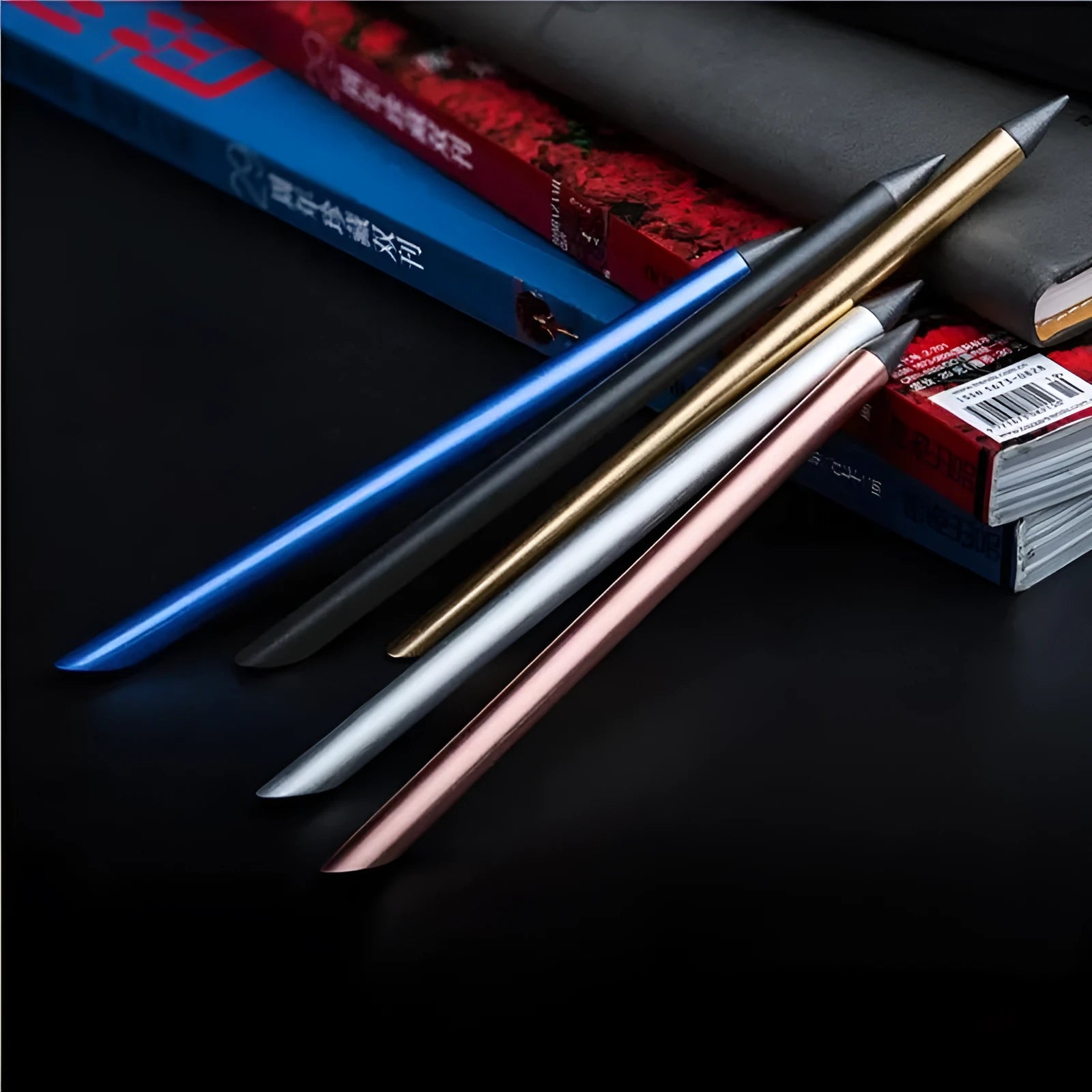 Inkless metal pen in silver, gold, rose gold, black, or blue with 0.5mm alloy tip, spare nib, and presentation box.
