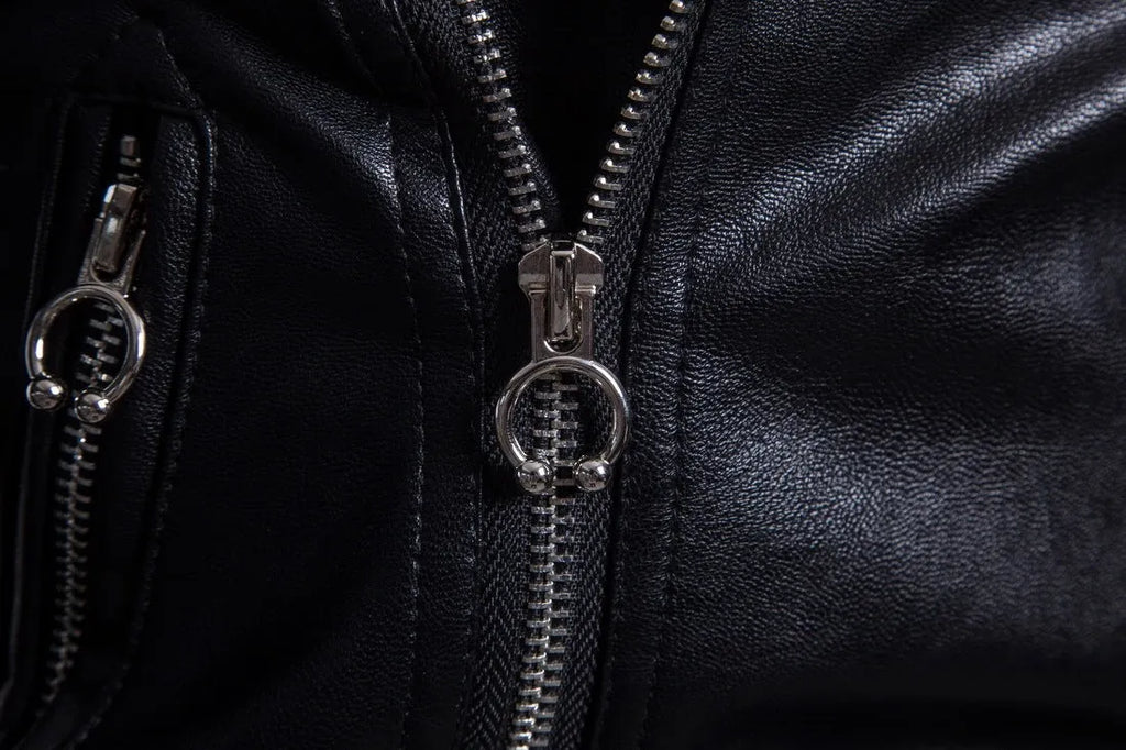 Men's black sheepskin leather jacket with suit collar and front zipper, fit-style edition for daily wear