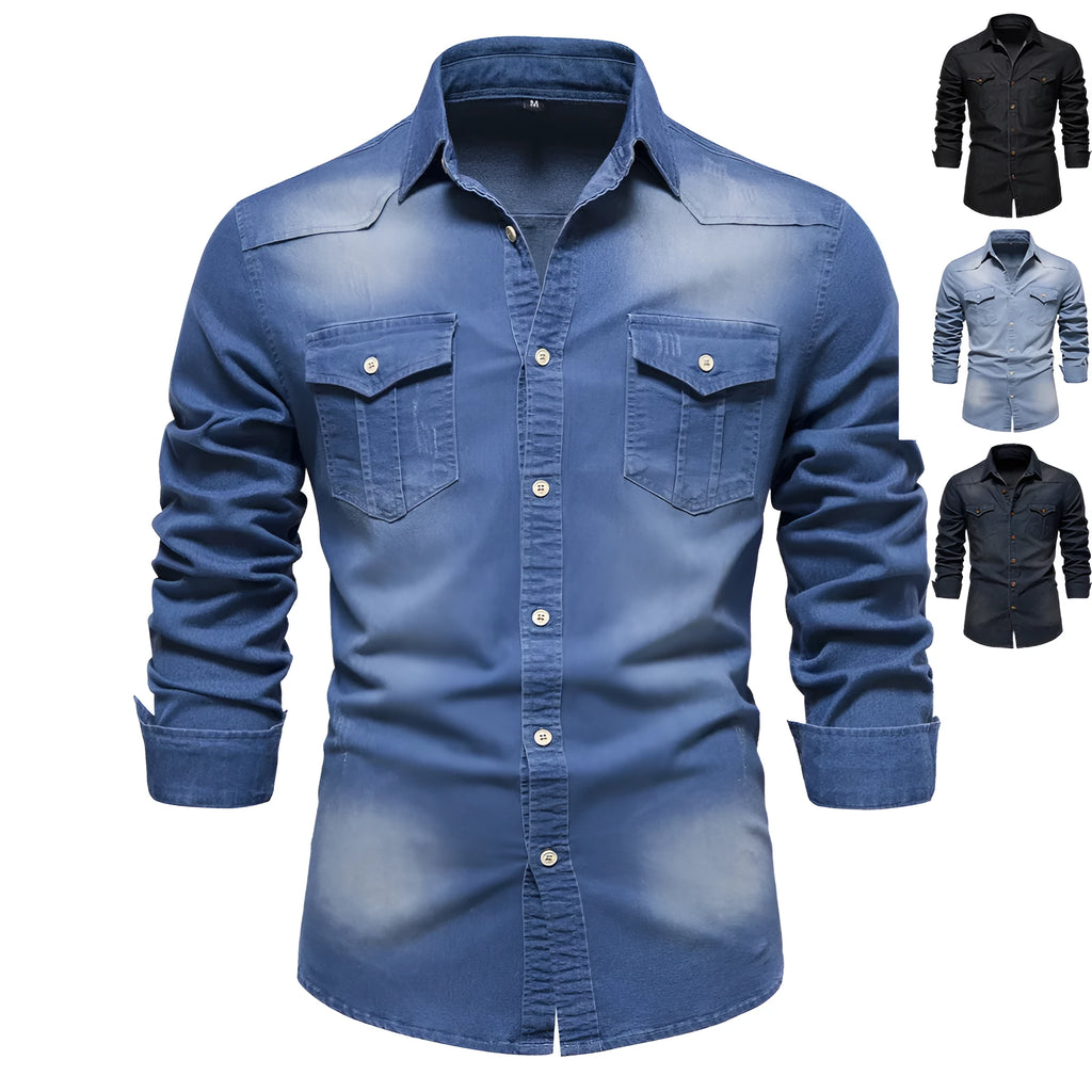 Men's slim-fit long-sleeved denim shirt in a solid colour on a hanger.