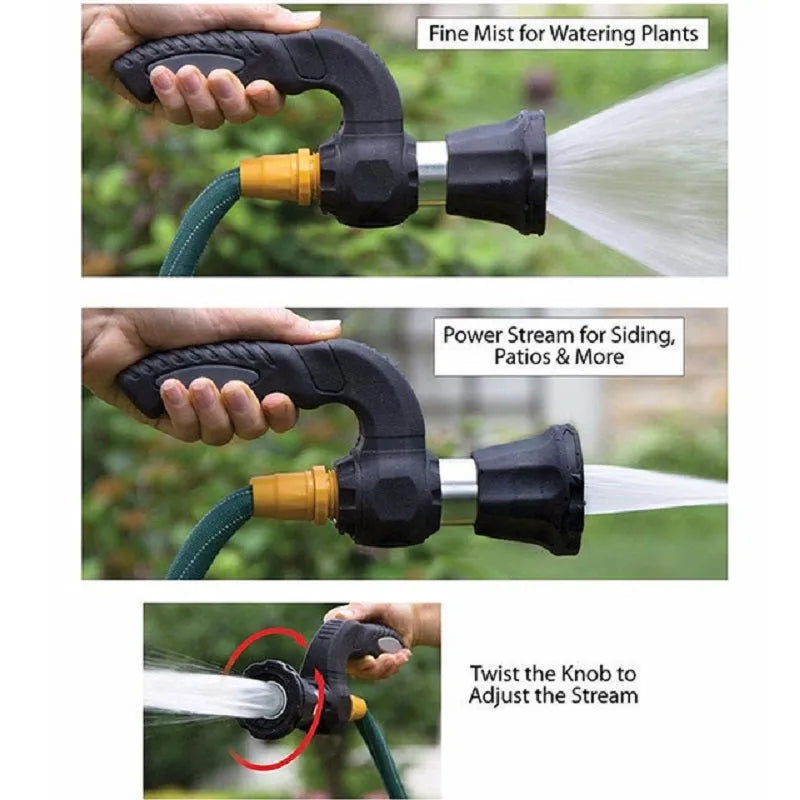 Black sprinkler gun car washer cleaning tool with five spray settings and rubber grip on a white background