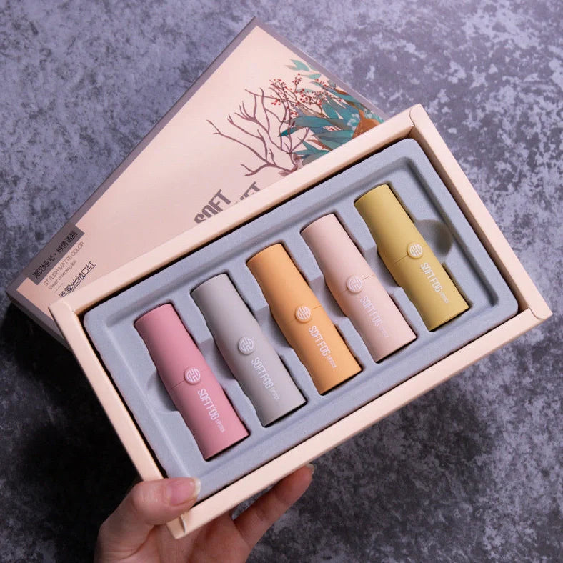 Soft mist velvet lipstick set with five shades in coordinated packaging