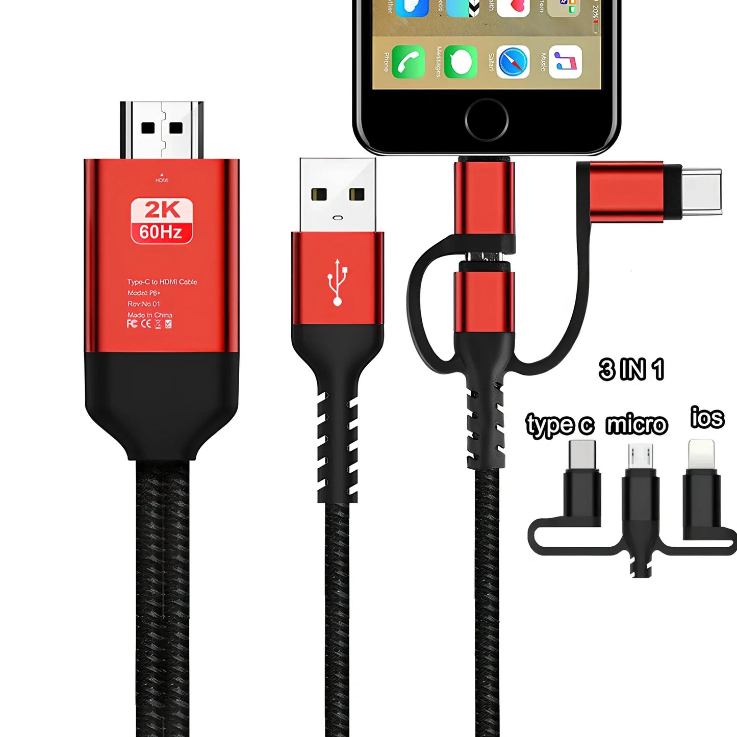 Black 4K 3in1 HDMI wireless WiFi adapter cable connecting Android iOS phone to TV for screen mirroring
