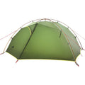 Double layer camping tent in dark green camouflage with two rooms and one hall, aluminium alloy poles, set up outdoors