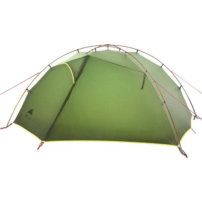 Double layer camping tent in dark green camouflage with two rooms and one hall, aluminium alloy poles, set up outdoors