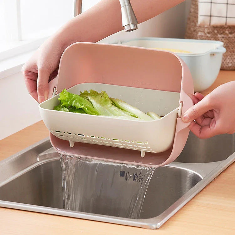 Double-layer square flip drain basket for kitchen dishwashing, blue and gray options available