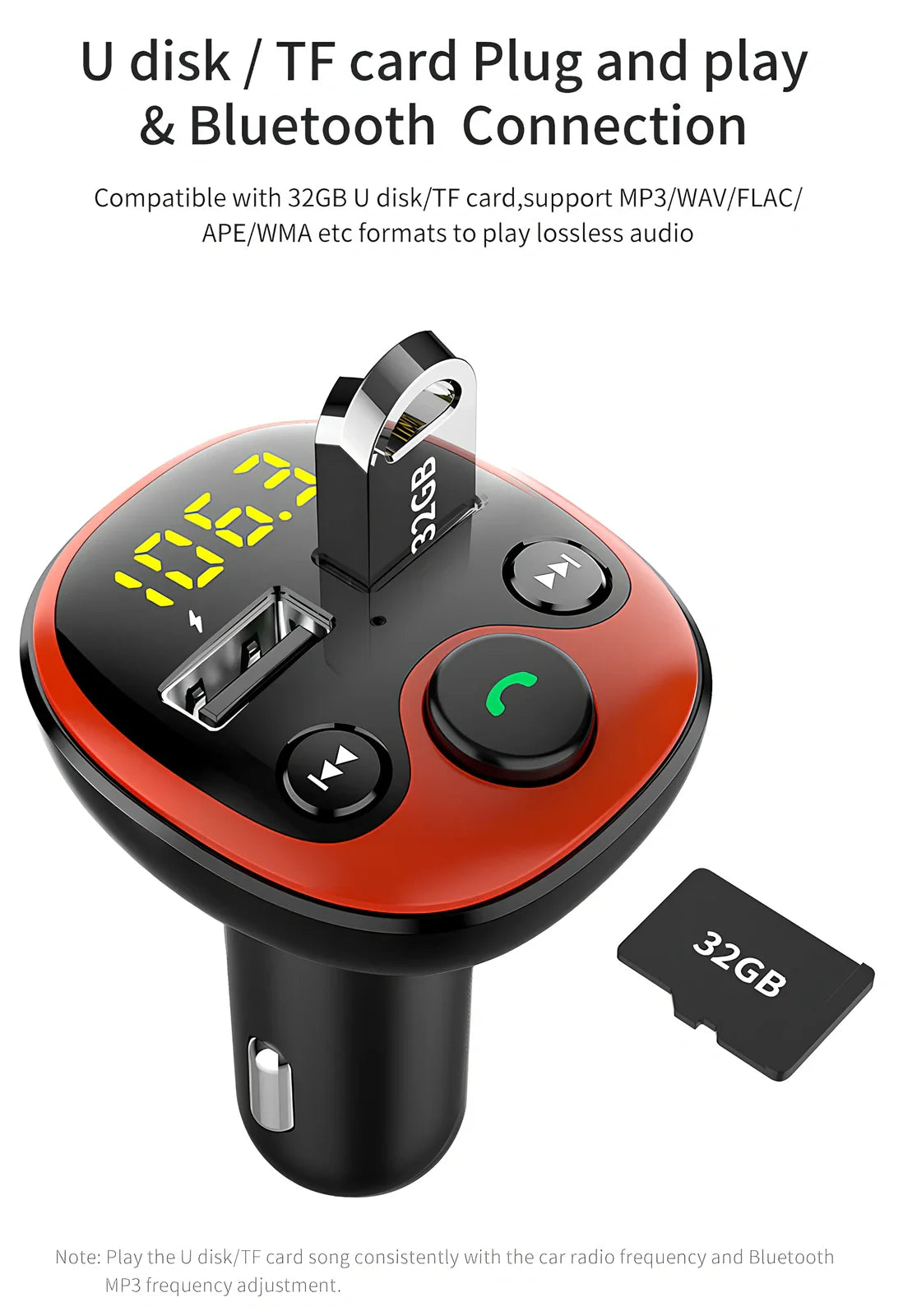 Black car MP3 player with orange LED screen, dual USB ports, 51x45x86mm size for FM transmission and Bluetooth audio