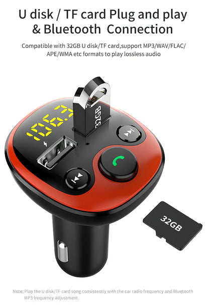 Black car MP3 player with orange LED screen, dual USB ports, 51x45x86mm size for FM transmission and Bluetooth audio