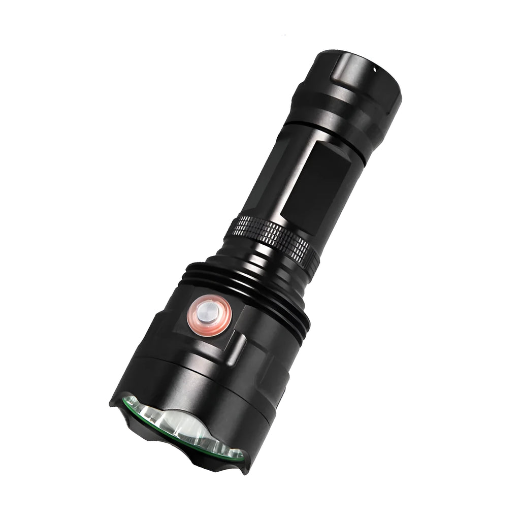 Black aluminium XHP90 LED tactical flashlight showing scale next to USB cable and yellow packaging box.