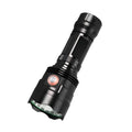 Black aluminium XHP90 LED tactical flashlight showing scale next to USB cable and yellow packaging box.