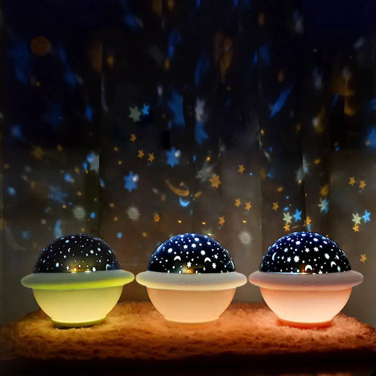 Green UFO-shaped starry sky projection night light with LED display and dual power options