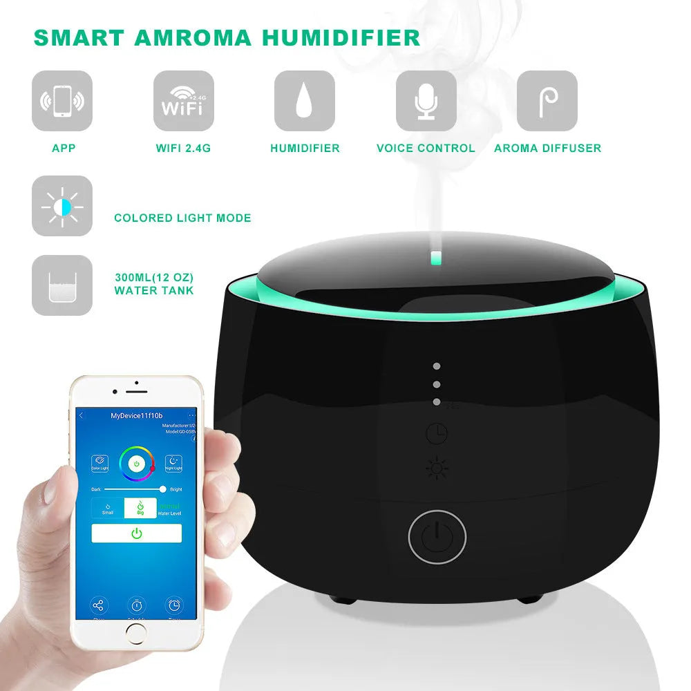 Smart home aromatherapy humidifier with 300ml tank, air purifier, and colourful LED lights in black